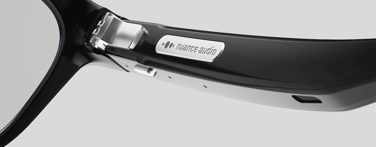 Close-up of Nuance Audio temple with discreet built-in microphones and speakers