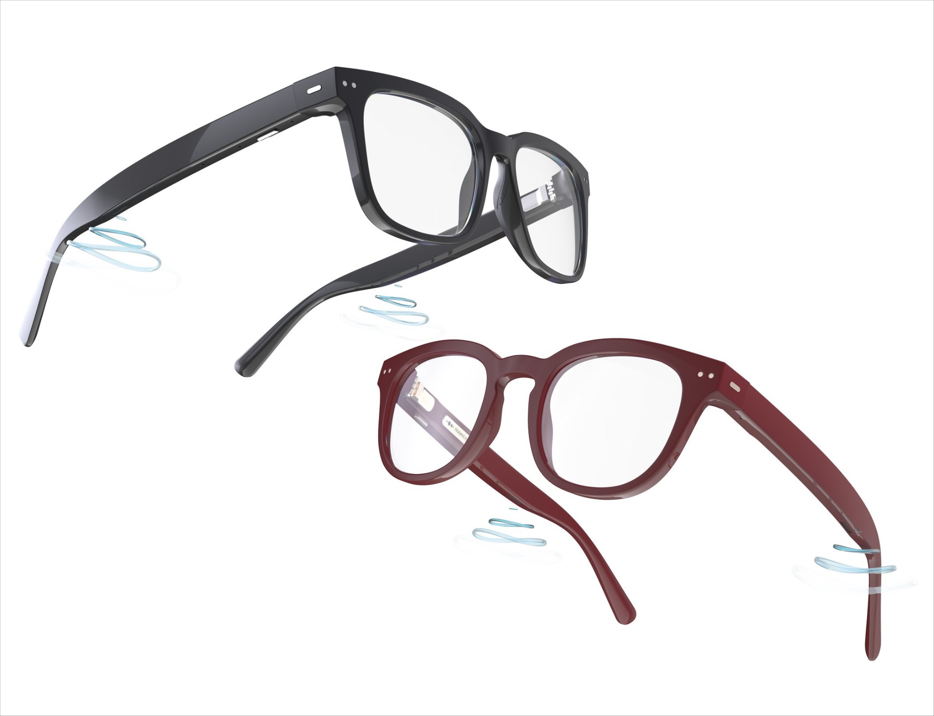 Nuance Audio Glasses in black and burgundy with discreet built-in hearing technology